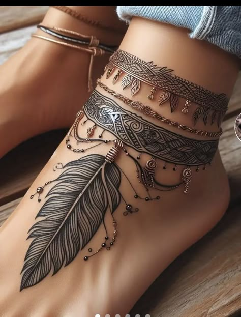 Native American Back Tattoos For Women, Taino Indian Tattoos For Women, Native American Ankle Tattoos, Feather Tattoo On Thigh, Phoenix Hand Tattoos For Women, Women’s Tatoos Ideas, Aztec Female Tattoo, Henna Foot Tattoos For Women, Phoenix Foot Tattoo