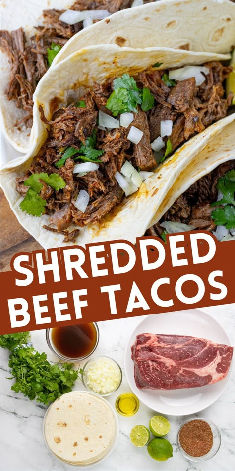 This is the best shredded beef taco recipe! Add chuck roast, broth, and seasoning to a crock pot, let it cook for a few hours, then shredded it, add more seasoning, and serve your shredded Mexican beef with tortillas and your favorite taco toppings. Simple ingredients, easy to make, it's a taco night you and your family will enjoy. Shredded Beef Tacos Recipes, Slow Cooker Shredded Beef, Shredded Beef Tacos, Mexican Shredded Beef, Chuck Roast Recipes, Beef Tacos Recipes, Taco Salads, Beef Tacos, Best Slow Cooker