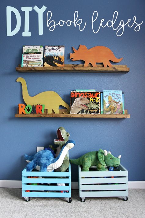 Diy Book Ledge, Wood Diy Decor, Book Ledges, Gallery Wall Shelves, Green Walls Living Room, Dino Nursery, Book Ledge, Dino Room, Diy Console