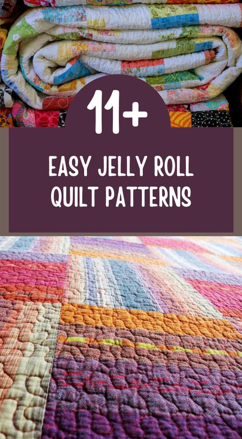 "Discover the joy of quilting with these easy jelly roll quilt patterns! Unleash your creativity and make stunning quilts effortlessly using pre-cut jelly rolls. Whether you're a beginner or a seasoned quilter, these patterns offer a perfect blend of simplicity and beauty. Dive into a world of vibrant colors, charming designs, and cozy creations. Pin now and start your quilting adventure today!" Jelly Roll Quilt Block Patterns Free, Free Quilt Patterns Using Jelly Rolls, Jelly Roll Strip Quilt Patterns, Easy Strip Quilts, Beginner Jelly Roll Quilt Patterns Free, Jelly Roll Scrap Quilts, Jelly Roll Quilt Patterns Easy, Simple Jelly Roll Quilt Patterns, Jellyroll Quilts Patterns Free Easy