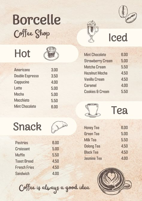 Beige and Brown Minimalist Aesthetic Coffee Shop Menu - Templates by Canva Coffee Shop And Bakery Design, Coffee House Menu Ideas, Cafe Food List, Cafe Shop Menu Ideas, Book Cafe Menu Design, Menu Ideas For Cafe, Simple Cafe Food Ideas Coffee Shop, Coffee Shop Inventory List, Simple Cafe Menu Ideas