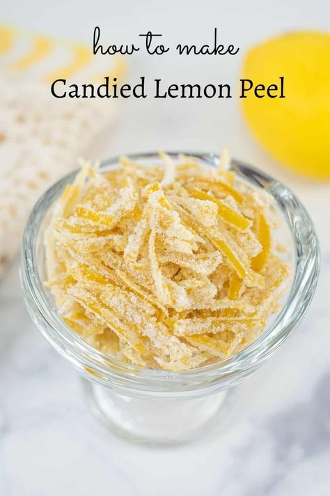 This candied lemon peel is delicious and super easy to make. Eat it as a snack or use it to decorate your treats. A perfect recipe! #candiedlemonpeel #candiedlemonpeelrecipe #howtomakecandiedlemonpeel #decoratedtreats Candied Lemon Peel Easy, Candied Lemon Peels, Lemon Peels Uses, Lemon Peel Candy, Candied Lemon Slices Easy, Candied Citrus Peel, Lemon Peel Uses, Lemon Peel Recipes, Candied Lemon Zest