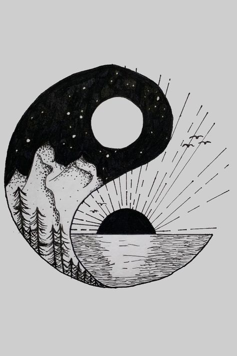 Yin Yang Mountain Tattoo, Ying Yang Tattoo Mountain, Yin Yang Artwork, Yin Yang Drawing Ideas, Ying And Yang Drawing, Ying Yang Sketch, Sun And Moon Ying Yang Tattoo, Yin Yang Art Drawings, Moon Ying Yang Tattoo