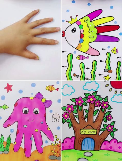 Hand Painting Drawing, Drawing For 3 Year, Drawing Ideas Easy Hands, Hand Trace Art, Easy Drawing For Preschoolers, Drawing Ideas For Preschoolers, Drawing Activities For Preschoolers, Kids Drawing Activities, Class 1 Drawing Ideas