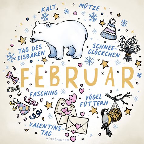 Kalender-Illustration Februar-Titelblatt für Bullet-Journals by Illustrie.com | Gezeichnete Liste im Sketchnote-Style von Dingen, die im Februar vorkommen. Calendar Illustrations, Calendar Drawing Ideas, Calendar Doodles, Harry Potter Scrapbook, Illustration Calendar, Snowflakes Drawing, February Calendar, Doodle Art Journals, February Valentines