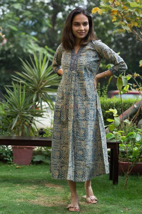 kessa-ws666-kalamkari-neela-a-line-kurta-1-look-1 Kalamkari Kurta Designs Women, Kalamkari Kurta Designs Latest, Kalamkari Suit Designs, A Line Kurta Designs, Kalidar Kurta Pattern, Kantha Kurta, Kalamkari Kurta Designs, Kalamkari Kurtis, Kalamkari Kurti