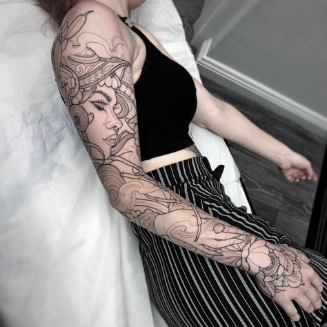 Sleeve Concepts Tattoo Women, Greek Godesses Tattoos Sleeve, Greek Goddess Sleeve Tattoos For Women, Artemis Sleeve Tattoo, Greek God Tattoo Women, Linework Sleeve Women, Greek Mythology Sleeve Women, Greek Sleeve Tattoos For Women, Greek Goddess Sleeve Tattoo