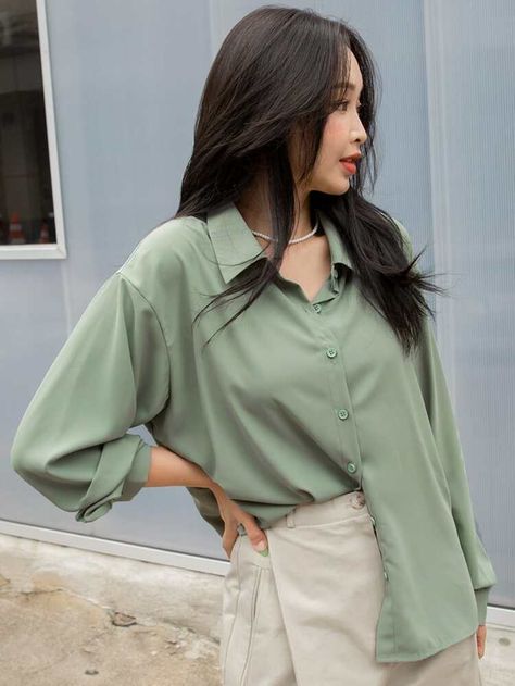 Green Shirt Outfits, Peplum Shirt, Drop Shoulder Shirt, Office Shirt, Beige Style, Plain Shirt, Green Outfit, Spring Women, Flounce Sleeve