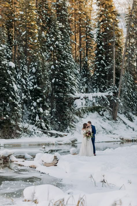 Winter Wedding Dress Mountains, Snow Mountain Wedding, Winter Wedding Outdoor, Winter Wedding Pictures, Mountains In Winter, Snowy Elopement, Emerald Lake Lodge, Mountain Destination Wedding, Winter Mountain Wedding