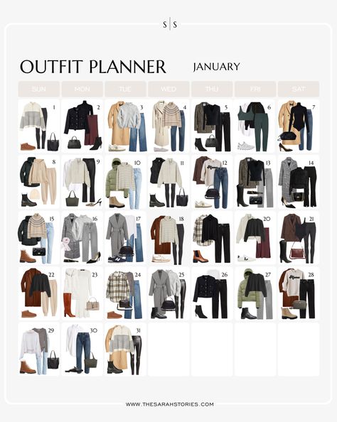 One Month Outfit Ideas, Monday Winter Outfit For Work, January Fashion 2023, Daily Outfit Inspiration Winter, Monday Outfit For Work Casual, Monday To Friday Outfits, Casual Friday Night Outfit, Monthly Outfit Planner, Casual Friday Work Outfits Winter