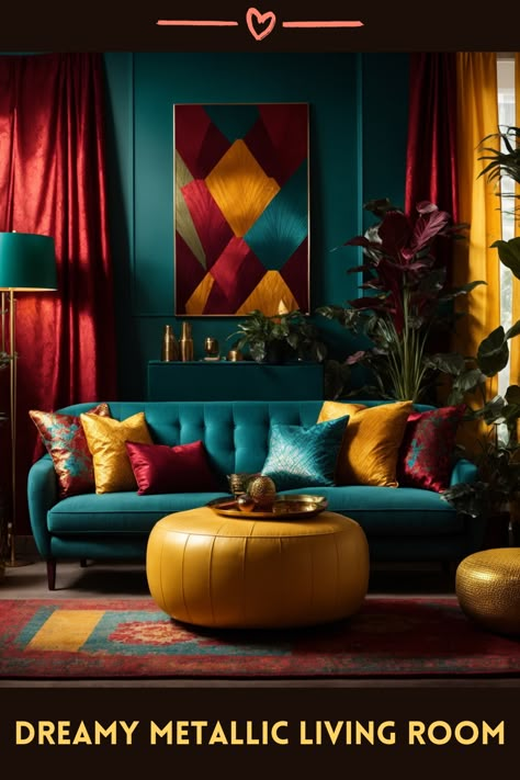 Unveil the magic of this jewel-tone living room, where luxury meets whimsy. The deep teal sofa, adorned with vibrant, richly hued pillows, invites a cozy retreat. A majestic artwork graces the wall, echoing the room's royal palette. Each piece, from the golden ottoman to the intricate rug, adds a touch of splendor. Surrounded by lush greenery and ambient lighting, this space is a testament to an opulent yet welcoming living experience, promising enchanted evenings. Modern Jewel Tone Bedroom, Colourful Sofa Ideas, Jewel Tone Velvet Couch, Light Teal Living Room Color Scheme, Color Combos For Living Room, Teal Rooms Ideas, Colorful Living Room Rug Ideas, Jewel Tone Lounge, Red And Blue Living Room Decor