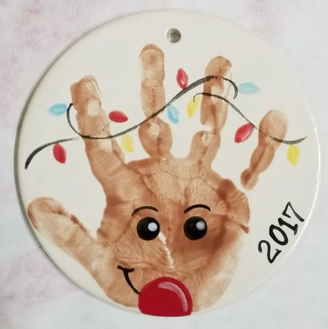 Baby Footprint Clay Christmas, Hand Feet Christmas Crafts, Christmas Crafts For Kids Footprint, Reindeer Ornaments Handprint, Baby Print Ornament Diy, Rudolph Handprint Ornament, Christmas Ornament Ideas For Toddlers, Hand Print Rudolph, Christmas Baby Art Hand Prints