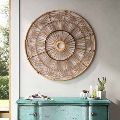 Mistana™ 36" Round Wicker Wall Decor - Brown Hanging Decorative Circle - Contemporary Rustic Decor & Reviews | Wayfair Large Blank Wall Ideas Office, Wicker Plate Wall Decor, Apartment Upgrades, Contemporary Rustic Decor, Wicker Wall Decor, Round Wall Decor, Large Gallery Wall, Wall Accents Decor, Woven Wall Decor