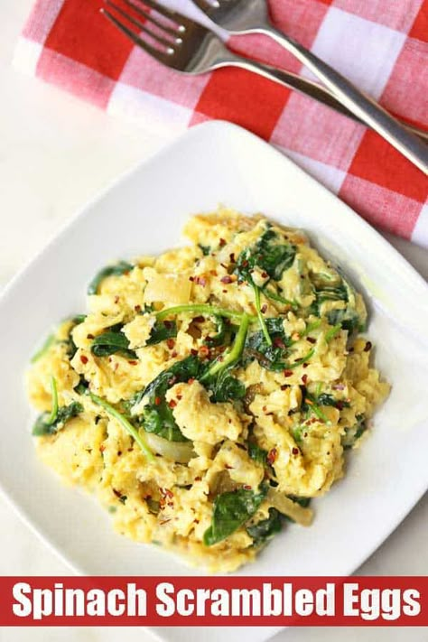 Tasty spinach and eggs scramble makes a wonderful keto breakfast. With lots of fresh spinach, onions, and Parmesan, it is also very flavorful! Scrambled Eggs With Spinach And Cheese, Egg With Spinach Breakfast, Spinach For Breakfast, Egg Spinach Breakfast, Scrambled Egg Recipes Healthy, Scrambled Eggs Spinach, Spinach Scrambled Eggs, Egg Recipes Healthy, Healthy Breakfast Eggs