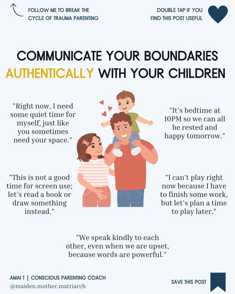 5 are five straightforward and compassionate phrases you can use to authentically communicate boundaries to your children. This helps to maintain a respectful and understanding family environment 🥰⁠ .⁠ ✅ Never let the cycle of trauma define your parenting again. Discover "The Amai T Method of Conscious Parenting" and transform your family dynamics today!⁠ Compassionate Parenting, Sensory Corner, Family Therapy Activities, Slow Parenting, Healthy Parenting, Parenting Lessons, Parenting Support, Social Skills For Kids, Emotionally Healthy