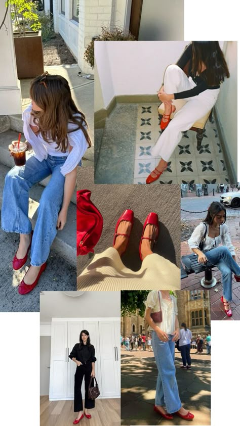 Fall Flats Outfit, Ballet Flat Outfit, Red Ballet Flats Outfit, Flats Outfit Summer, Red Flats Outfit, Ballet Shoes Outfit, Ballerina Flats Outfit, Red Ballerina Flats, Eurotrip Outfits