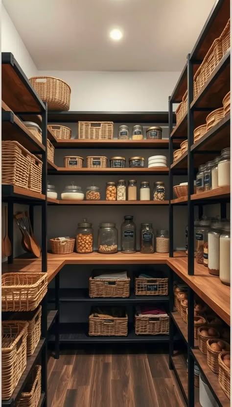 Pantry Design Wood Shelves, Pantry With Spice Rack, Pantry Storage Room Ideas, House Design Pantry, Dark Pantry Cabinets, Herbal Pantry Ideas, Black Shelves In Pantry, Home Interior Design Pantry, Pantry Room Shelving Ideas