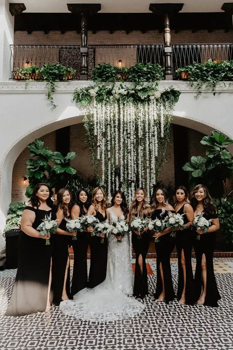 Monochrome Wedding Party, Black Tie Old Money Wedding, Black Bridesmaid Dresses With Greenery, Bridesmaid In Black Dresses, Wedding Color Schemes Black Tie, Black Wedding Dress And Bridesmaids, Black Outdoor Wedding Decor, Black Bridemaid Dress, Black Tie Wedding Alter