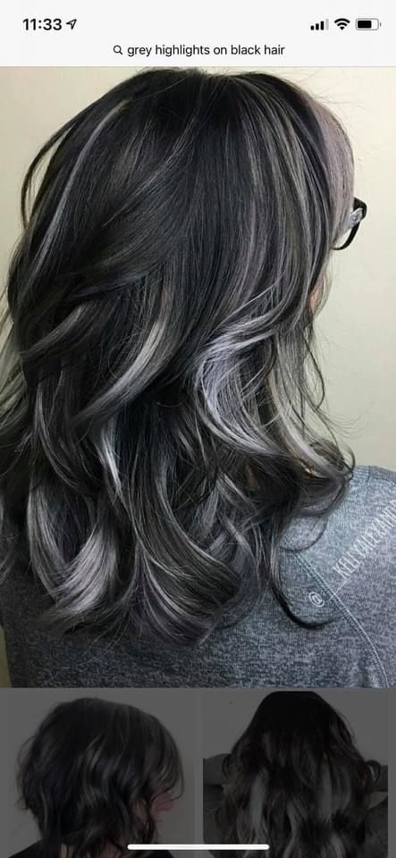 Black With Silver Highlights Short, Black Hair With Silver Peekaboo, Black Hair With Gray Front Pieces, Skunk Highlights Black Hair, Black Hair With Frosted Tips, Gray Peekaboo Hair, Black Hair With Silver Balayage, Grey Peekaboo Hair, White Highlights On Black Hair