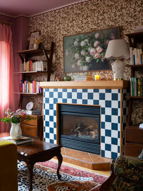 Bold, maximalist, colourful, grandma-chic style living room inspo, including removable renter-friendly fireplace cover! Check out the full reveal here! Colorful Eclectic Living Room Vintage, Anthropologie Fireplace, Eclectic Living Room Grey Couch, Colourful Eclectic Interiors, How To Decorate Around A Fireplace, Eclectic Fireplace Decor, Grandma Chic Living Room, Eclectic Grandma Decor, Grandma Interior Design