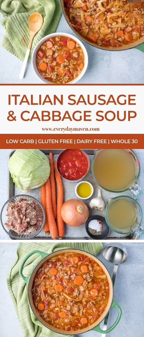 This popular and easy Italian Sausage and Cabbage soup recipe is a delicious meal-in-a-bowl that is gluten-free, keto, and Whole30 compatible! Cabbage Soup Sausage, Italian Sausage And Cabbage, Sausage And Cabbage Soup, Sausage And Cabbage, Cabbage Soup Recipe, Sausage Soup Recipes, Cabbage And Sausage, Italian Sausage Soup, Italian Sausage Recipes