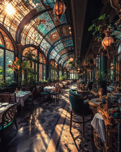 Modern Steampunk Interior Design, Fantasy Restaurant Concept Art, Two Story Restaurant, Steampunk Restaurant, Dreamscape Architecture, Steampunk Fantasy, Fantasy Ideas, زجاج ملون, Fantasy House