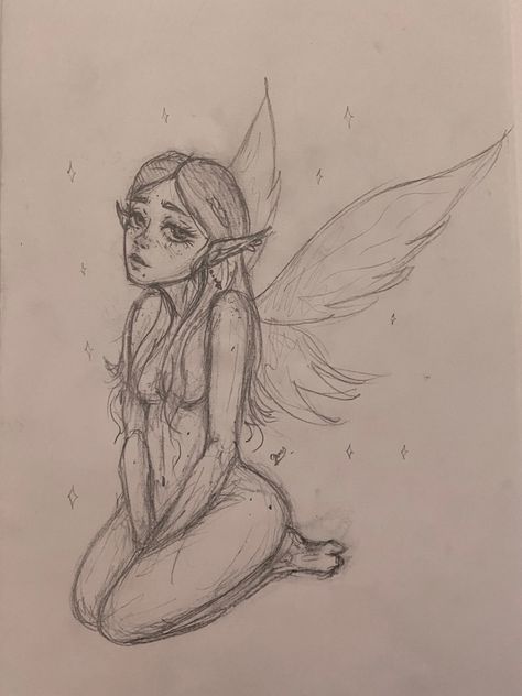 Fairy Pencil Drawings Sketches, Indie Sketches Doodles Fairy, Artistic Sketches Ideas, Sketches Fairycore, Fairy Faces Drawings, Fairy Aesthetic Art Drawing, Fairy Pen Drawing, Fairy’s Drawing, Fairy On Moon Drawing