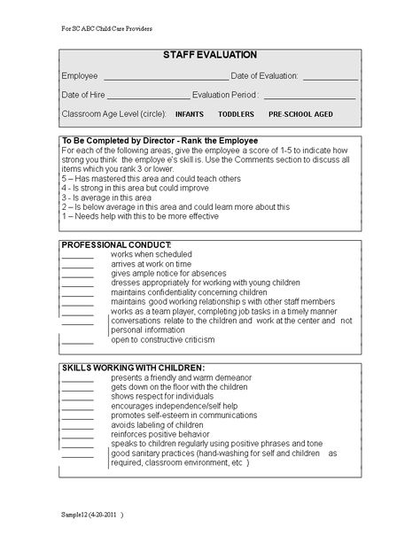 Free Child Care Employee Evaluation Form | Templates at allbusinesstemplates.com Employee Feedback Form, Daycare Enrollment Forms, Childcare Director, Employee Evaluation, Employee Evaluation Form, Preschool Classrooms, Employee Performance Review, Preschool Director, Preschool Assessment