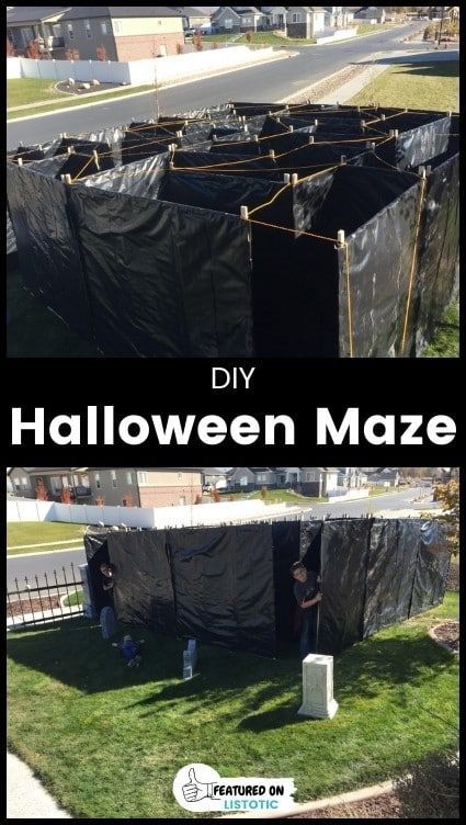 Your kids are sure to have a blast navigating this easy DIY Halloween maze. See this fun backyard Halloween idea plus more easy ideas for your Halloween outdoor decorations on Listotic. Sensory Haunted House Ideas, Maze Ideas Outdoor, Diy Backyard Halloween Party, Diy Haunted Backyard, Spooky Maze Diy, Maze Diy Outdoor, Halloween Trampoline Ideas, Halloween Yard Party Ideas, Halloween Party Yard Decorations