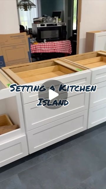 Jessica + Scott | DIY, Renovations & Home Building on Instagram: "Setting and securing kitchen island cabinets over tile!  Making sure it’s secure and doesn’t slide is super important!   #kitchenrenovation #homerenovation #newkitchen #newcabinets #installingcabinets #jshome" Extended Island Countertop, Mobile Home Island Remodel, Kitchen Island Specs, How To Design A Kitchen Island, 6 Feet Kitchen Island, Base Cabinet Kitchen Island, Adding An Island To Kitchen, Kitchen Island Storage Both Sides, Making A Kitchen Island From Cabinets