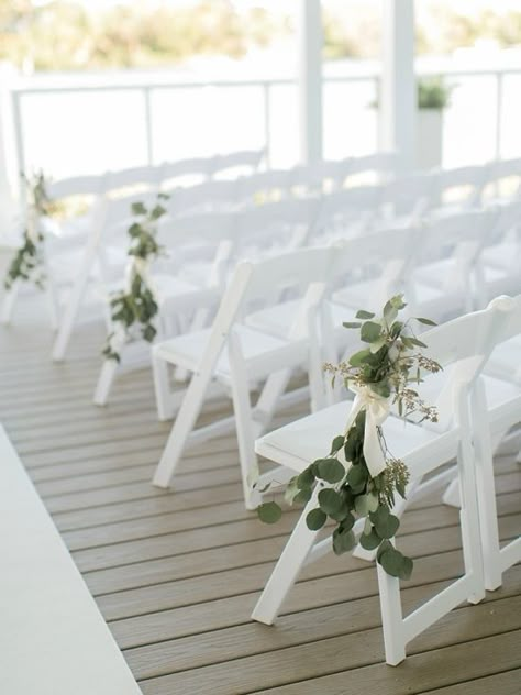 Eucalyptus Wedding Aisle Chair Decor, Eucalyptus Beach Wedding, Pier Wedding Decorations, Beach Isle Decor, Simple Beach Ceremony Decor, Wedding Ceremony Chairs, Wedding Isles, Ceremony Chairs, Wedding Chair Decorations