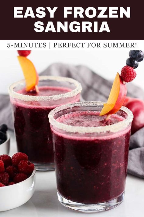 This easy frozen sangria takes just 5 minutes to make and combines some of the best flavors of summer with a fruity red wine for a refreshing cocktail that can serve a crowd. Perfect for pairing with a spring/summer brunch spread. Frozen Sangria Recipe, Frozen Sangria, Healthy Cocktail Recipes, Red Wine Sangria, Frozen Crafts, Healthy Cocktails, Brunch Spread, Sangria Recipe, Refreshing Cocktail