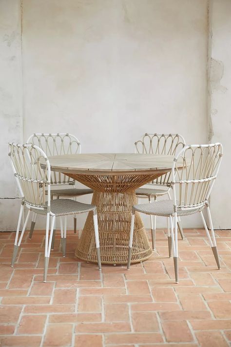 Anthropologie Outdoor, Anthropologie Furniture, Wicker Dining Set, Tufted Dining Chairs, Anthropologie Home, Circular Table, Teak Table, Wicker Chairs, Outdoor Dining Set