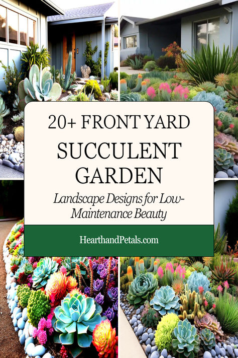 A collection of front yard succulent gardens, presenting a variety of low-maintenance landscaping ideas for a captivating home exterior. Front Yard Succulent Landscaping, Succulent Landscaping Front Yard, Front Yard Planters, Succulent Garden Outdoor, Front Yard Makeover, Succulent Garden Landscape, Garden Landscape Ideas, Yard Makeover, Waterwise Garden