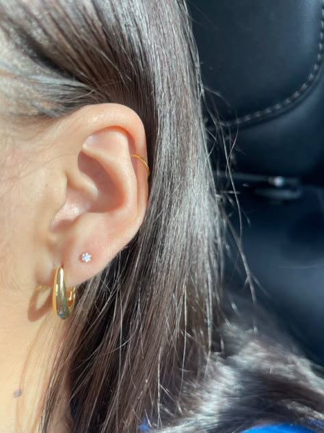 1st And 2nd Hole Earrings, Second Piercing And Cartilage, 2nd Lobe And Helix Piercing, Ear Percinings Two, 2 Lobes And Helix Piercing, Upper Lobe Ear Piercings, Two Ear Percinings Ideas, Second Lobe Earrings, Second Ear Percinings