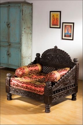 Home Furnishing :: Seating / Sofas - Monsooncraft Indian Bedding Store - Shop Velvet Cushions - Silk Bolsters Pillow Covers & Shawls Carved Sofa, Idea Bedroom, Indian Furniture, Trendy Living Rooms, Beautiful Sofas, Bed In Living Room, Ideas Vintage, Trendy Bedroom, Bedding Stores