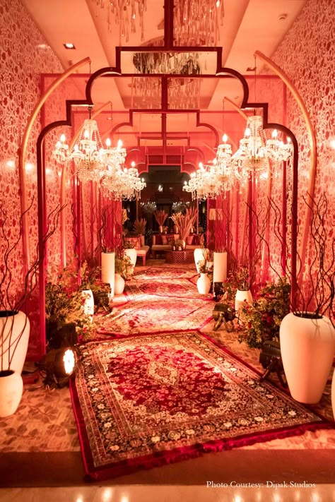 Indian Wedding Setup, Sangeet Decor Ideas Indian Weddings, Sangeet Theme Decor, Wedding Indian Decor, Bollywood Wedding Decor, Sangeet Decorations, Wedding Theme Indian, Desi Wedding Color Schemes, Red Wedding Decorations Indian