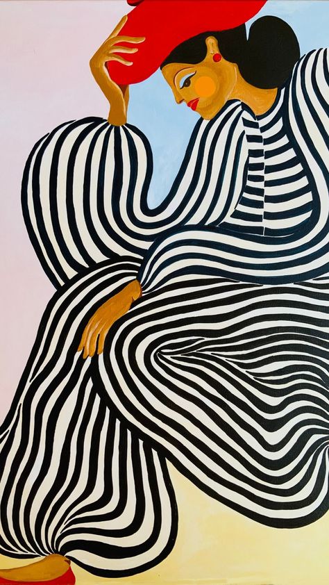 Bold, undulating black and white stripes contrast pastel shades of pink, blue, yellow background. A woman rests with her head in hand. Art Deco Paintings, Abstract Portrait Painting, Surreal Portrait, Contemporary Art Painting, Afrocentric Art, Abstract Portrait, Portrait Illustration, Art Abstrait, Portrait Art