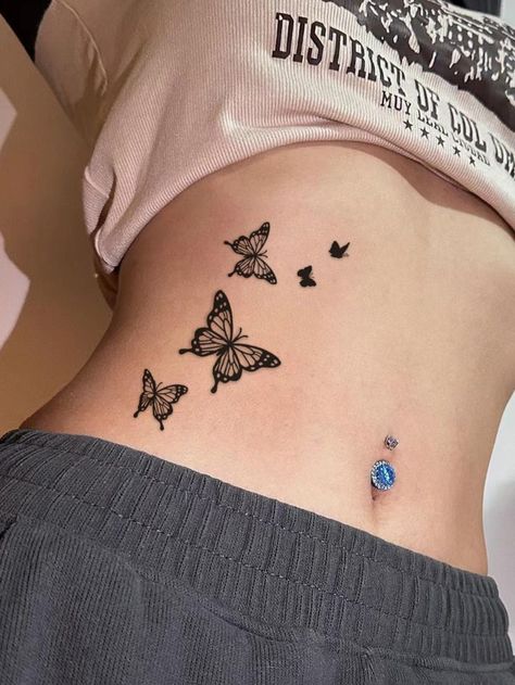 Tattoos Belly Women, Butterflies In Stomach Tattoo, Small Butterfly Tattoo On Stomach, Butterfly Torso Tattoo, Tattoo Ideas Stomach For Women, Tattoo On Belly For Women, Butterfly Belly Tattoo, Butterfly Tattoo On Belly, Cute Side Tattoos For Women