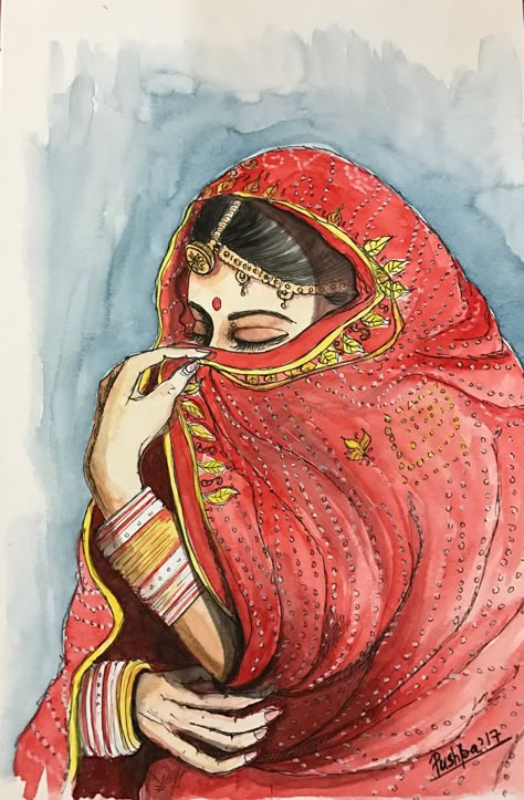 "Indian bride in veil" watercolor and ink pen on paper from www.pushpaartgallery by Pushpa Sharma Drawing Ink Pen, Watercolor Indian, Rajasthani Painting, Painting Indian, Painting Canvases, Indian Painting, Female Art Painting, Indian Woman, Indian Folk Art