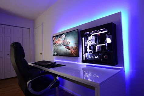 Wall Mounted Pc, Simple Computer Desk, Diy Computer Desk, Gamer Bedroom, Gaming Desk Setup, Gaming Computer Desk, Computer Desk Setup, Pc Gaming Setup, Desktop Setup