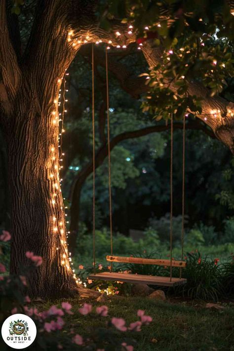 Swings In Trees Backyards, Big Tree In Backyard, Hanging Tree Lights Outdoor, Bench Under A Tree, Lights In Trees Backyard, Under Tree Seating Area, Lights From Trees, Tree Swing Ideas, Tree Swings Diy