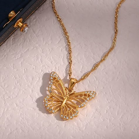 Elegant Hollow out Zircon Butterfly Necklace 18K Gold Plated Stainless Steel Tarnish Free Jewelry https://m.alibaba.com/product/1600536863959/Elegant-Hollow-out-Zircon-Butterfly-Necklace.html?__sceneInfo={"cacheTime":"1800000","type":"appDetailShare"} Butterfly Necklace Gold, Pretty Jewelry Necklaces, Detailed Jewelry, Butterfly Pendant Necklace, Jewelry Accessories Ideas, Butterfly Jewelry, Jewelry Lookbook, Fancy Jewelry, Pretty Jewelry