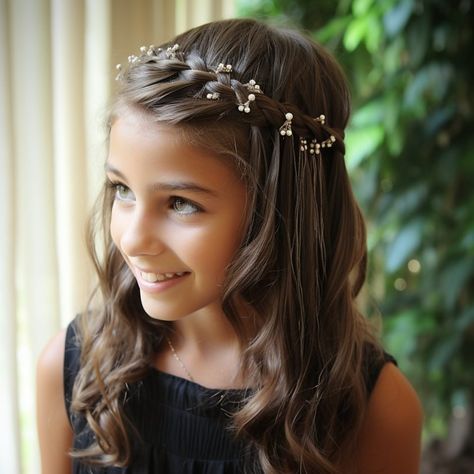 Braid With Beads, Princess Updo, Dutch Braid Headband, Kids Hairstyles For Wedding, Communion Hairstyles, Elegant Hairstyle, Side Swept Curls, Hair Garland