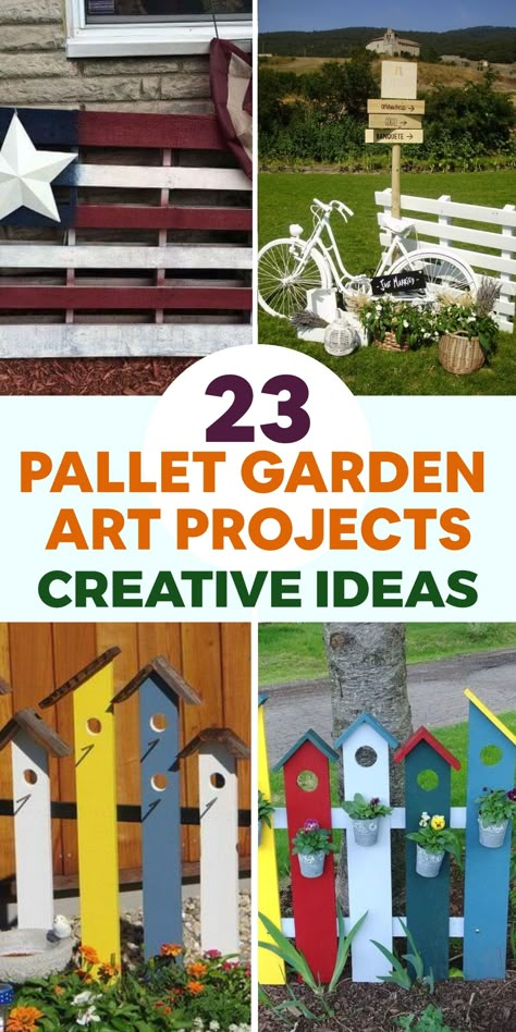 Elevate your outdoor space with charming pallet garden art projects and transform it into a peaceful oasis. Start by sourcing pallets, deconstructing them, and repurposing the wood creatively. Construct a vertical pallet garden by attaching small planters or pots to the boards and filling them with your favorite plants or herbs. Add a pop of color to the pallets with vibrant hues and design a stunning mural that will be the focal point of your garden. Whole Pallet Ideas, Pallet For Garden, Pallet Project Ideas, Wooden Garden Projects, Diy Wood Garden Decor, Pallet Yard Decor, Wooden Pallet Projects Garden, Diy Pallet Projects For Outside, Wooden Pallet Projects Outdoor