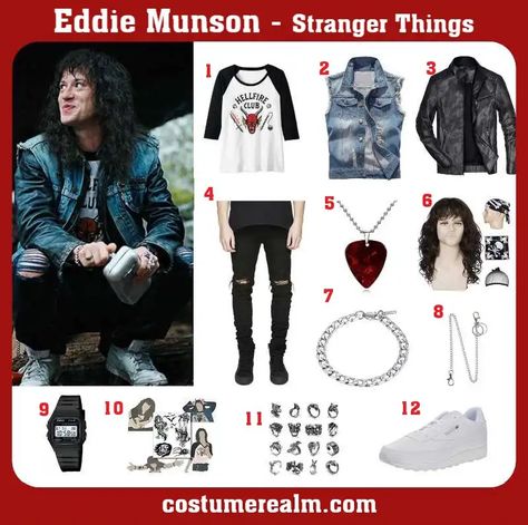 How To Dress Like Eddie Munson Costume Guide For Cosplay & Halloween Halloween Eddie Munson, Stranger Things Dress Up Ideas, Stranger Things Cosplay Ideas, Stranger Things Costume Season 4, Argyle Stranger Things Costume, Eddie Stranger Things Costume, Eddie Munson Clothes, Eddie Halloween Costume, Eddie Munson Outfit Ideas