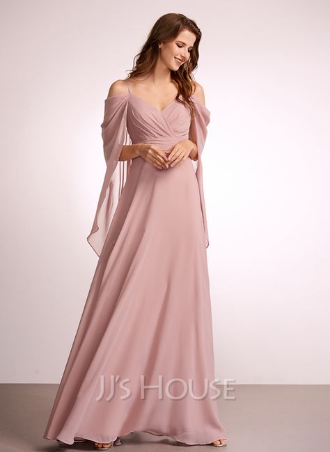 A-Line V-neck Floor-Length Bridesmaid Dress (007262606) - JJ's House Off Shoulder Floor Length Dress, Dusty Rose Dress Formal Long, Dusty Rose Bridesmaid Dress Long Sleeve, Blush Bridesmaid Dresses With Sleeves, Tulle Gown Bridesmaid With Sleeves, Teen Bridesmaid Dresses Wedding, Long Sleeve Chiffon Dress Bridesmaid, Fairy Bridesmaid Dresses Fairytale, Bridesmaid Dresses Sleeveless