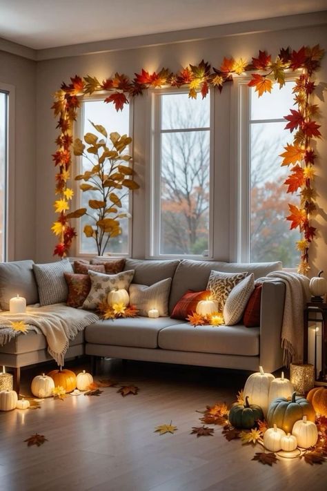 Transform your space with cozy fall bedroom decor ideas! Discover warm and inviting bedroom ideas to create the perfect autumn retreat. From rich color palettes to seasonal accents, find inspiration to make your fall bedrooms a haven of comfort. Embrace the essence of autumn bedroom decor and enjoy a snug, stylish sanctuary all season long. Fall House Decor Indoor Living Room, Office Fall Decorations Ideas, Fall Window Decor, Autumn Decorations Indoor, Fall Office Decor, Halloween Living Room Decor, Halloween Living Room, Fall Bathroom, Fall Room Decor