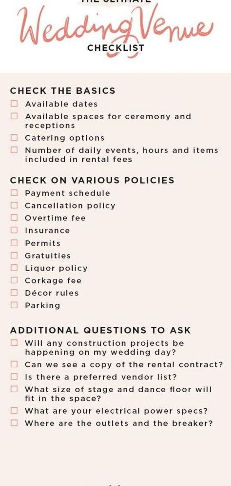 Wedding Reception Essentials List, Wedding Venue Checklist Printable, Venue Checklist Wedding, Wedding Venue Budget, What To Ask Wedding Venues, What Do You Need For A Wedding, Wedding Venue Comparison Spreadsheet, Wedding Venue Must Haves, Questions To Ask Wedding Venues