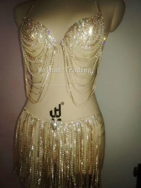 Jumpsuit Outfit Party, Rhinestone Bodysuit, Rhinestone Bra, Gold Crystals, Outfit Party, Performance Outfit, Stage Outfits, Dance Outfits, Two Piece Outfit